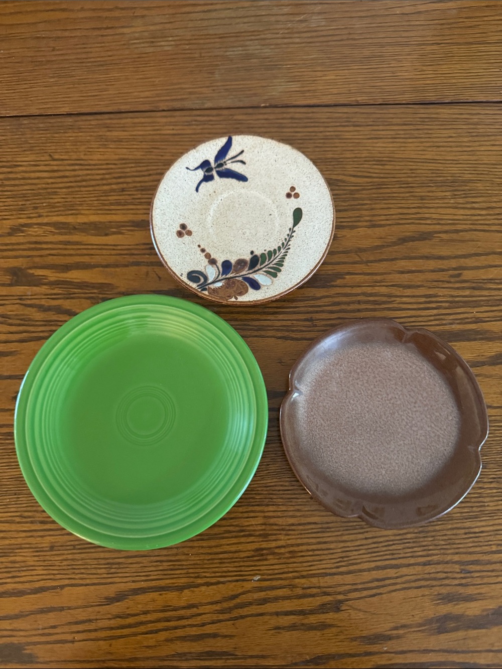 Lot of 3 vintage Ceramic Dessert Plates - Fiesta, Frankoma and Mexican Tonala